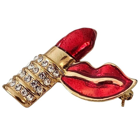 Gold Tone Clear Rhinestone Red Enamel Lipstick Lips Pin Brooch L185 - Picture 3 of 7